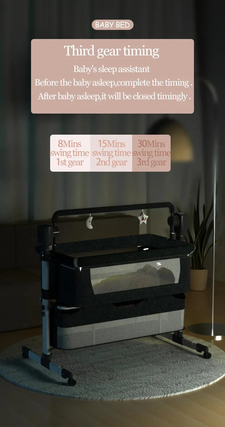Electric Baby Crib Bassinet Cradle with Automatic Swing Bluetooth Music Timer Remote Control Foldable Design Breathable Mesh Sides Soft Mattress Stable Frame Safe Sleeping Bed for Newborn Infant Home Use and Travel Comfort Ba