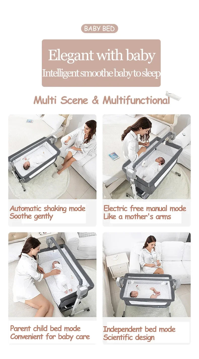 Electric Baby Crib Bassinet Cradle with Automatic Swing Bluetooth Music Timer Remote Control Foldable Design Breathable Mesh Sides Soft Mattress Stable Frame Safe Sleeping Bed for Newborn Infant Home Use and Travel Comfort Ba