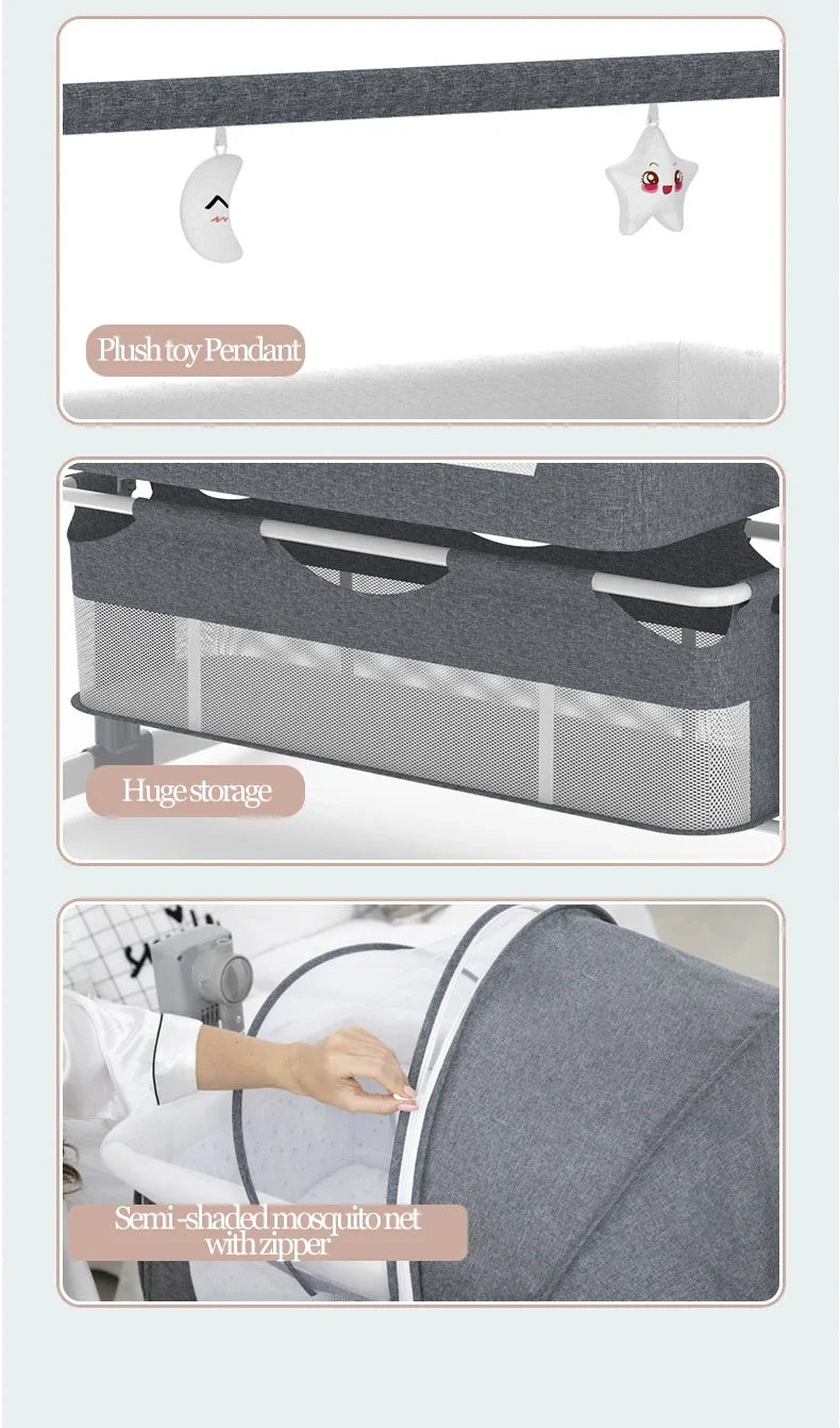 Electric Baby Crib Bassinet Cradle with Automatic Swing Bluetooth Music Timer Remote Control Foldable Design Breathable Mesh Sides Soft Mattress Stable Frame Safe Sleeping Bed for Newborn Infant Home Use and Travel Comfort Ba
