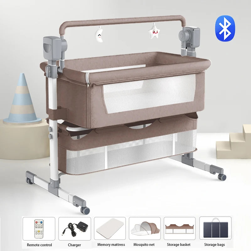 Electric Baby Crib Bassinet Cradle with Automatic Swing Bluetooth Music Timer Remote Control Foldable Design Breathable Mesh Sides Soft Mattress Stable Frame Safe Sleeping Bed for Newborn Infant Home Use and Travel Comfort Ba