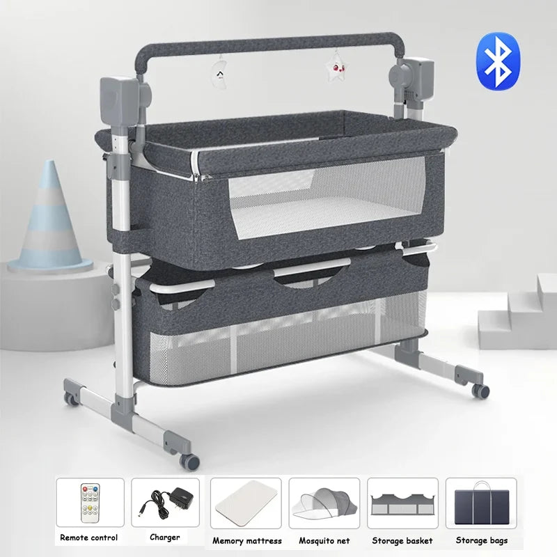 Electric Baby Crib Bassinet Cradle with Automatic Swing Bluetooth Music Timer Remote Control Foldable Design Breathable Mesh Sides Soft Mattress Stable Frame Safe Sleeping Bed for Newborn Infant Home Use and Travel Comfort Ba