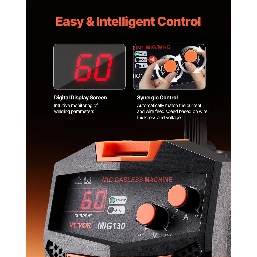 SucceBuy MIG Welder 130Amp Synergic Mig Welding Machine Gasless Flux Core Welder Portable Mig Welder with Digital Display Screen