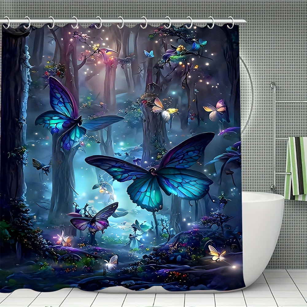 1/4 Dark Night Forest Butterfly Set, Decorative Bathroom Set Includes Waterproof Shower Curtain, Non-slip Floor Mat, Toilet Lid, Bath Mat and 12 Plastic Hooks, Bathroom Accessories, Home Decor