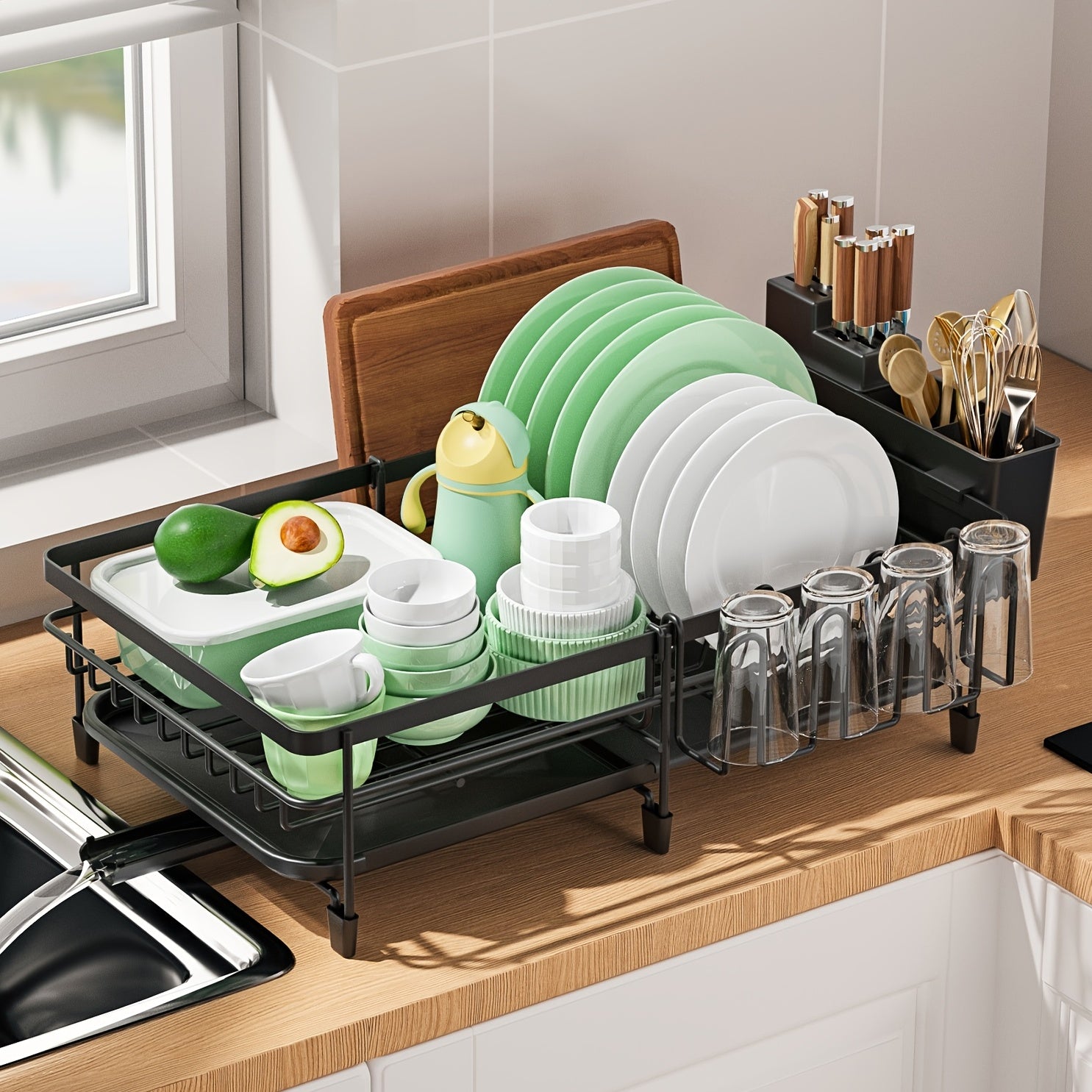 Spacious Dish Drying Rack, Expandable Dish Holder, Versatile Dish Rack for Kitchen Surface, Rust-Resistant Drying Rack with Utensil And Mug Holders