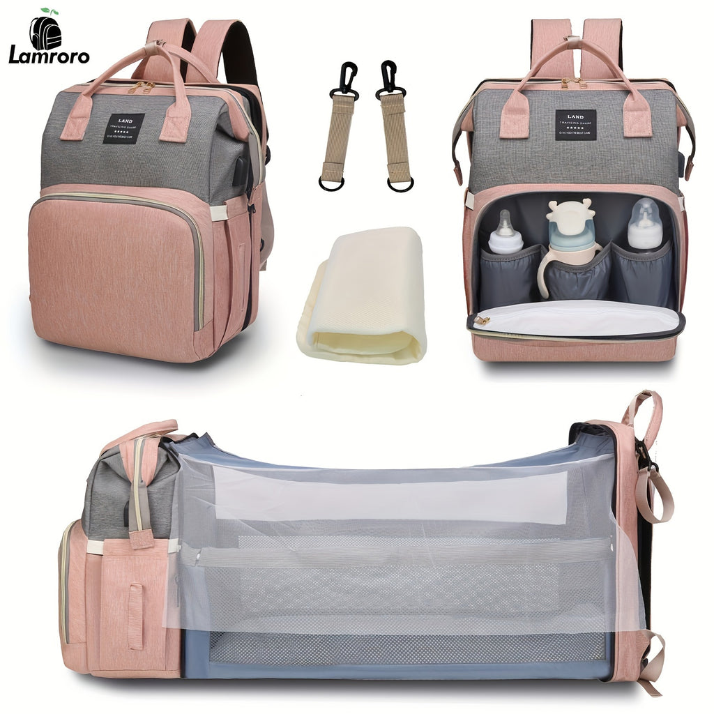 [Lamroro Diaper Bag Backpack] Lamroro Multifunctional Diaper Bag Backpack | Large Capacity, Soft Shell, Travel Backpack with Changing Station, Sunshade, Breathable Mosquito Net, Zipper Closure, Mixed Color, Polyester Fiber, U