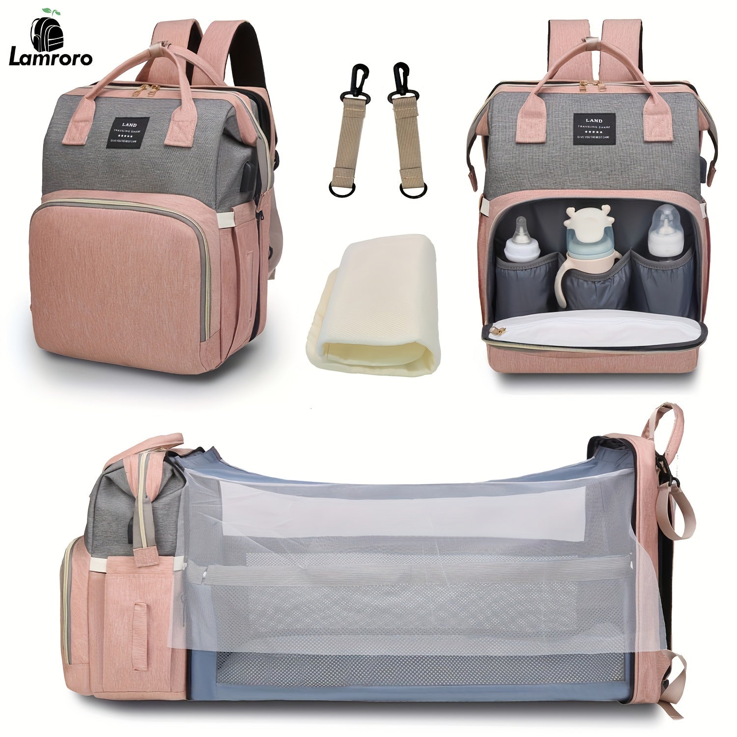 [Lamroro Diaper Bag Backpack] Lamroro Multifunctional Diaper Bag Backpack | Large Capacity, Soft Shell, Travel Backpack with Changing Station, Sunshade, Breathable Mosquito Net, Zipper Closure, Mixed Color, Polyester Fiber, U