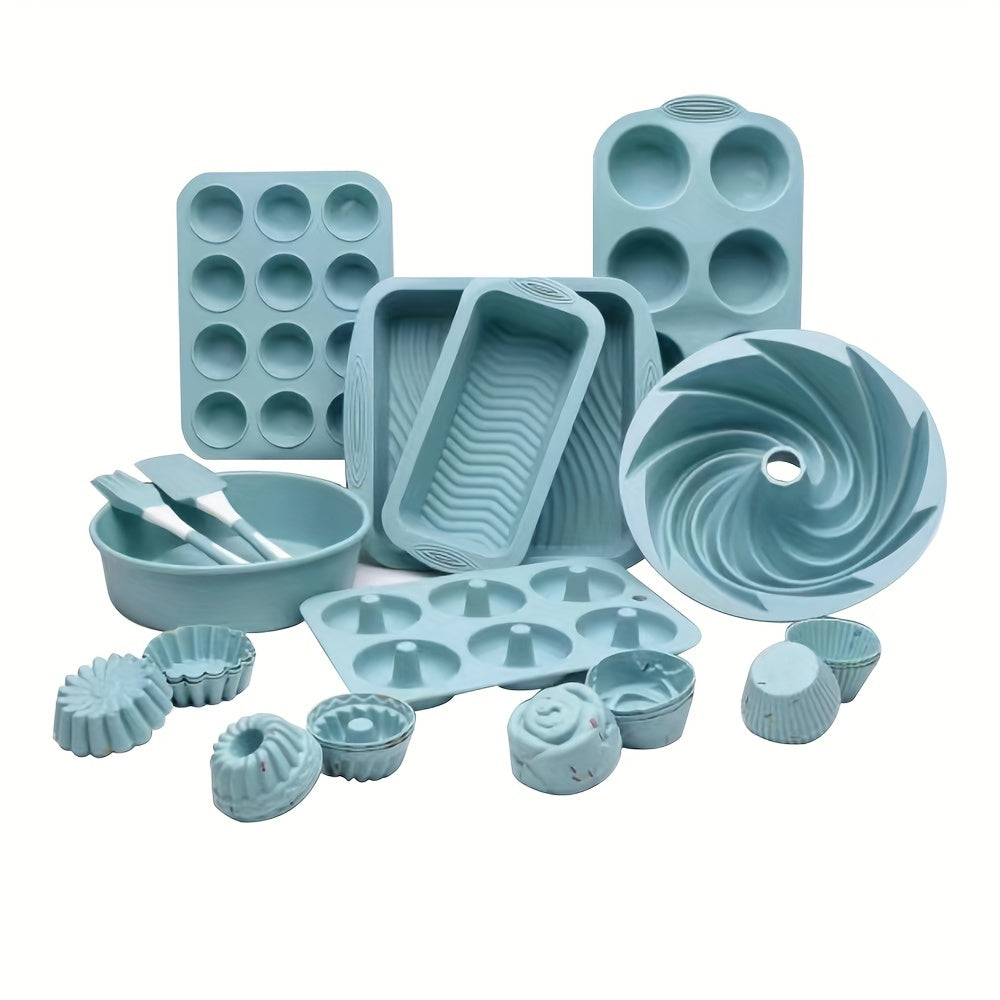 33pcs, Silicone Baking Pan Set, Cake Pan, Donut Mold, 24 Muffin Cups, Silicone Spatula, Oil Brush, And More, Baking Tools, Kitchen Gadgets, Kitchen Accessories