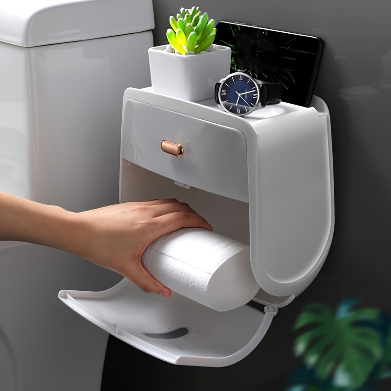 1pc Toilet Roll Paper Holder, Double Layer Large Capacity Tissue Storage Box, Wall Mounted Bathroom Tissue Dispenser, Waterproof Tissue Box, Hotel Bathroom Accessories