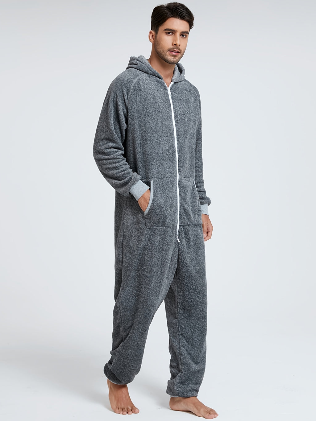 Men'S Heavy-Duty Full-Zip Hooded Onesie - Long Sleeve Winter Sleepwear with Drawstring Hood, Loose Fit Onesie for Cold Weather, Christmas Costume & Everyday Indoor/Outdoor Use - Easy Zipper Closure, Indoor Loungewear, Plush,