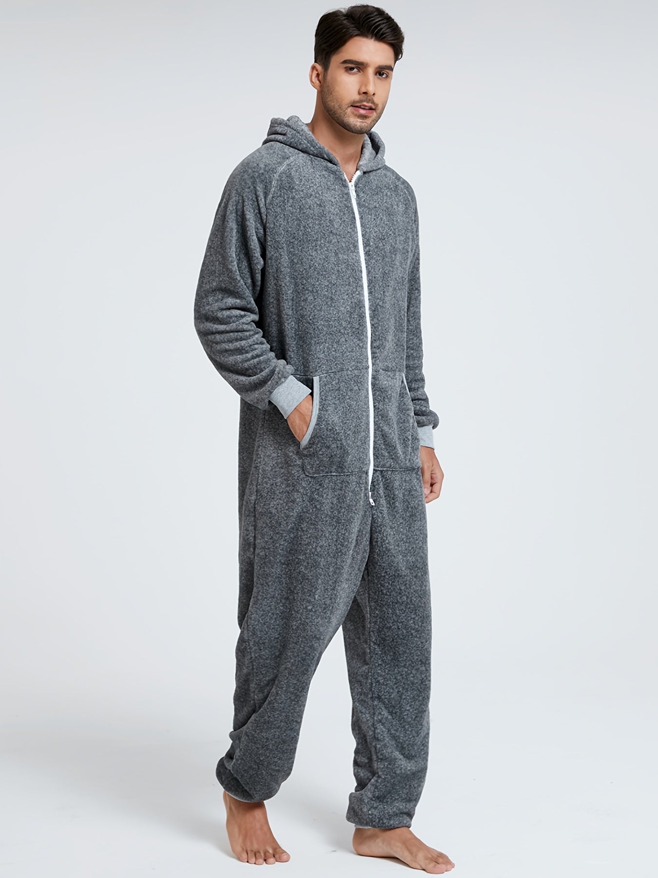 Men'S Heavy-Duty Full-Zip Hooded Onesie - Long Sleeve Winter Sleepwear with Drawstring Hood, Loose Fit Onesie for Cold Weather, Christmas Costume & Everyday Indoor/Outdoor Use - Easy Zipper Closure, Indoor Loungewear, Plush,