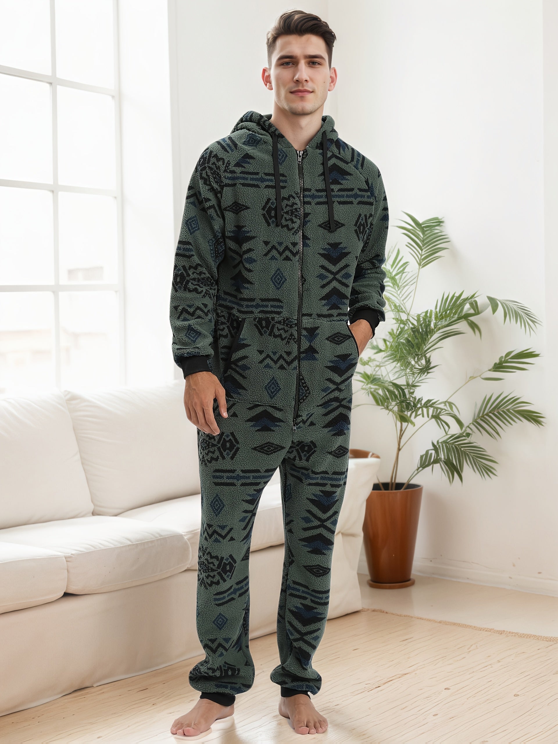 Men'S Heavy-Duty Full-Zip Hooded Onesie - Long Sleeve Winter Sleepwear with Drawstring Hood, Loose Fit Onesie for Cold Weather, Christmas Costume & Everyday Indoor/Outdoor Use - Easy Zipper Closure, Indoor Loungewear, Plush,