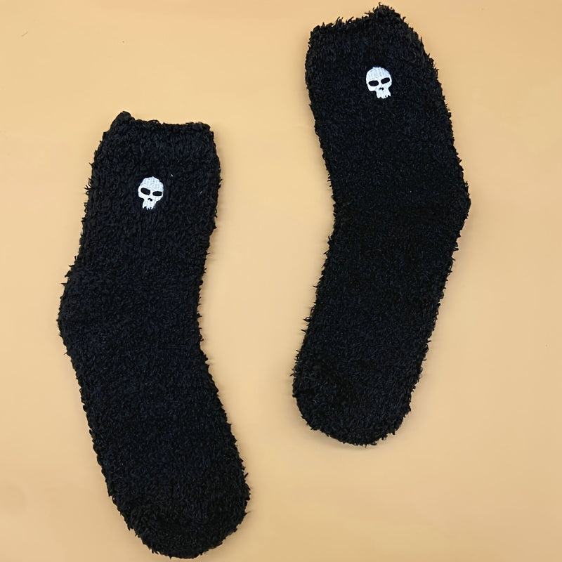 Warm & Fuzzy Embroidered Cartoon Socks, Warm Coral Fleece Socks For Winter, Women's Stocking & Hosiery