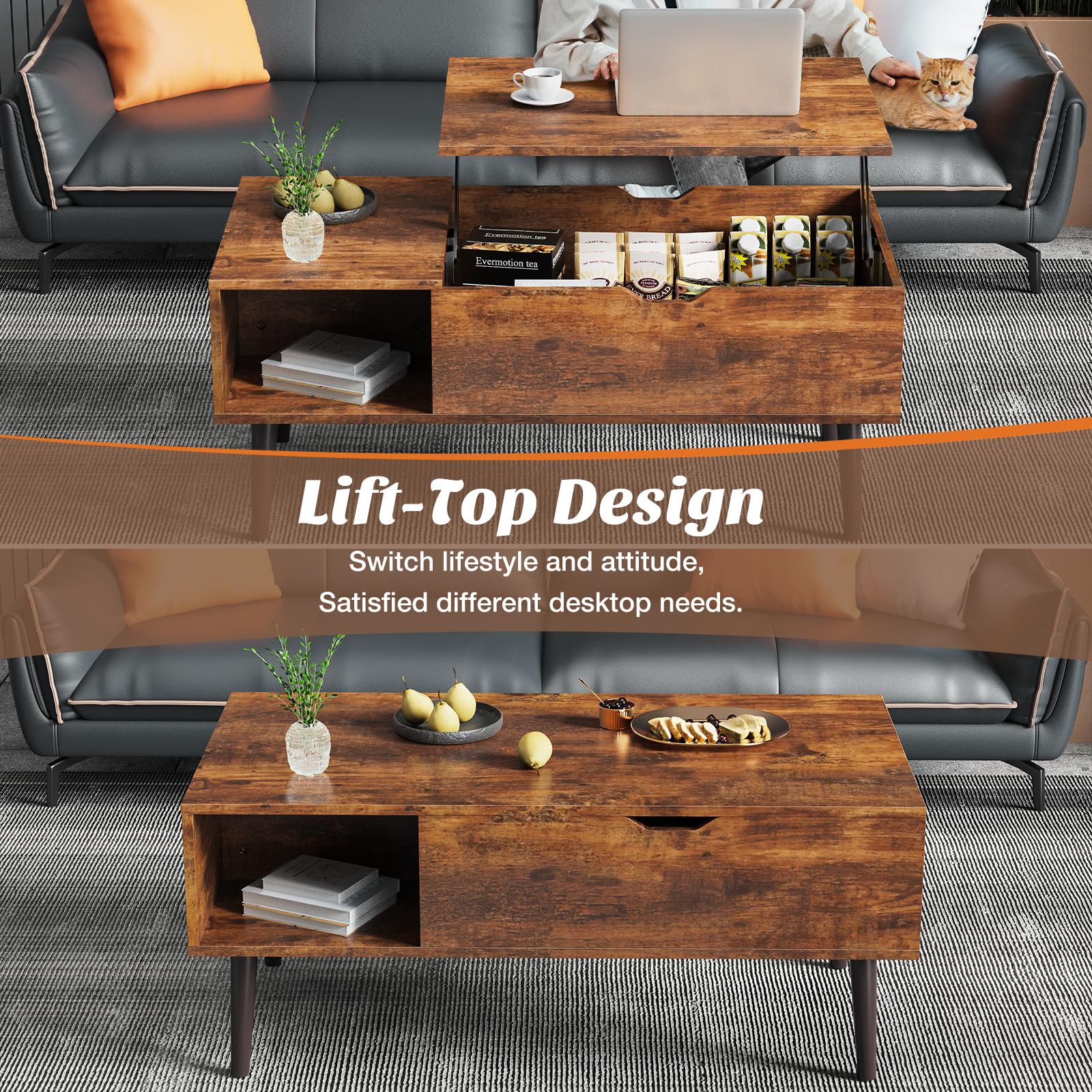 Lift Top Coffee Table ，Wooden Furniture with Hidden Compartment and Adjustable Storage