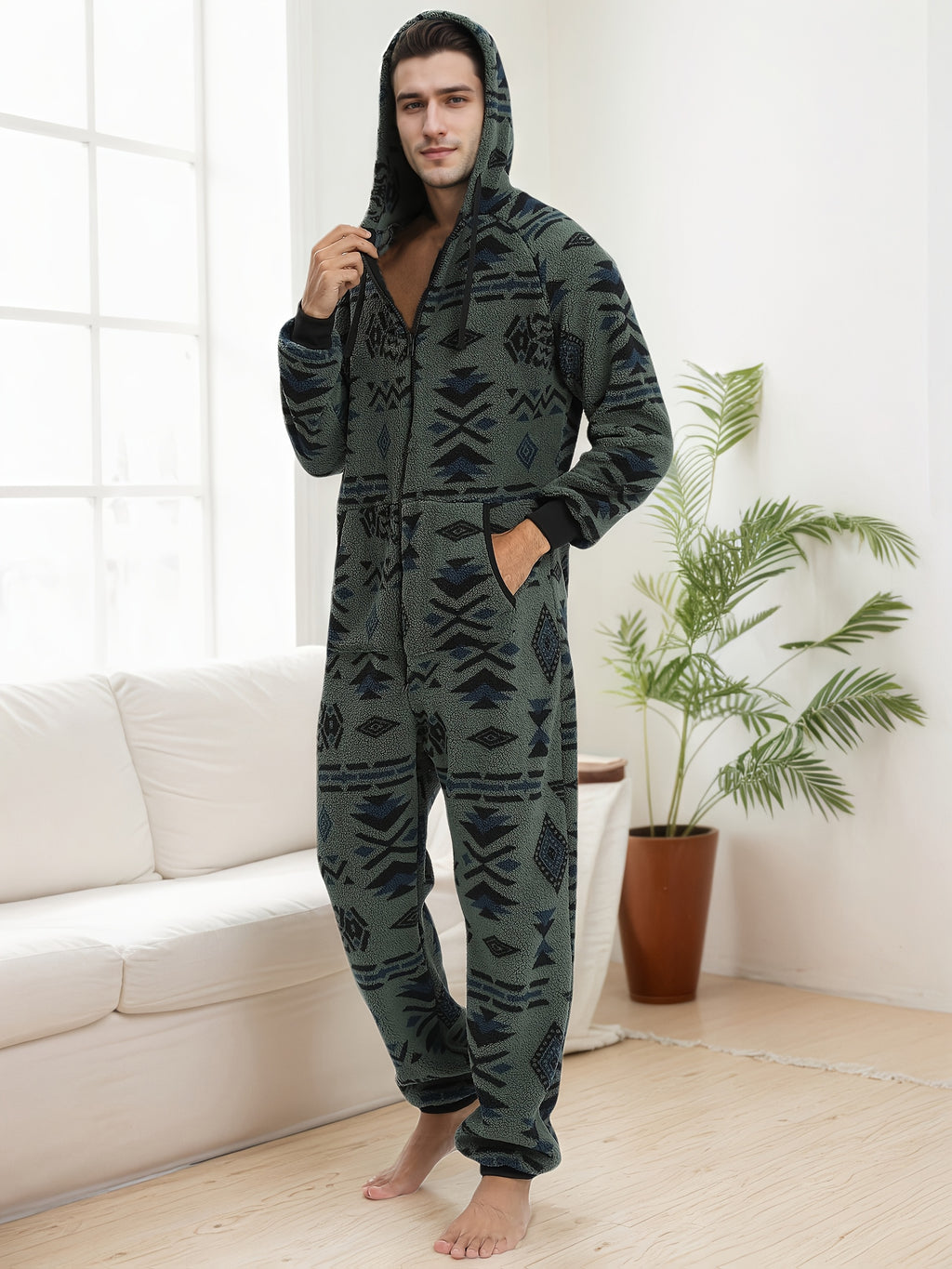 Men'S Heavy-Duty Full-Zip Hooded Onesie - Long Sleeve Winter Sleepwear with Drawstring Hood, Loose Fit Onesie for Cold Weather, Christmas Costume & Everyday Indoor/Outdoor Use - Easy Zipper Closure, Indoor Loungewear, Plush,