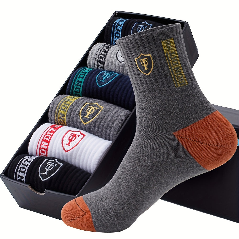 6-Pack Minimalist Casual Letter Mid-Calf Socks, Breathable Business Men's Socks