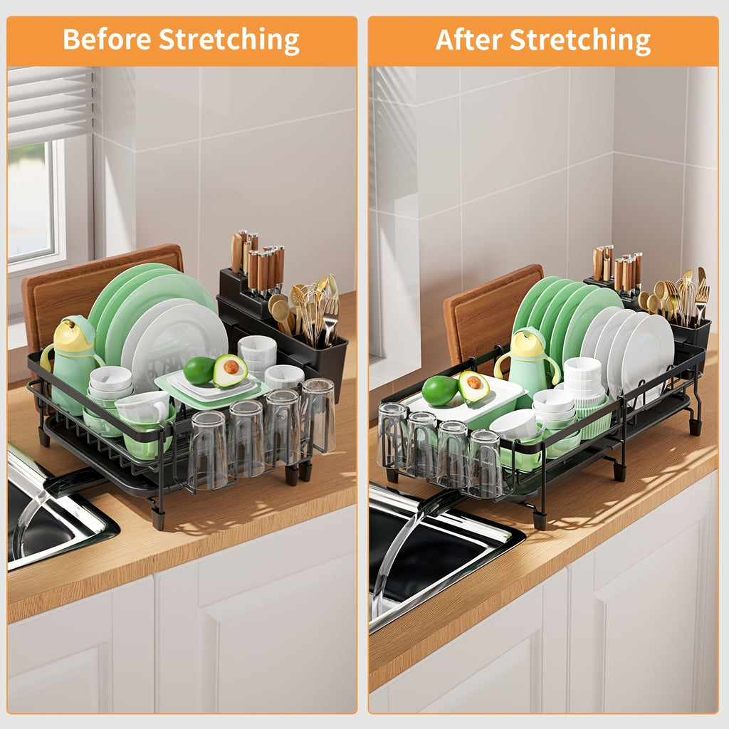 Spacious Dish Drying Rack, Expandable Dish Holder, Versatile Dish Rack for Kitchen Surface, Rust-Resistant Drying Rack with Utensil And Mug Holders