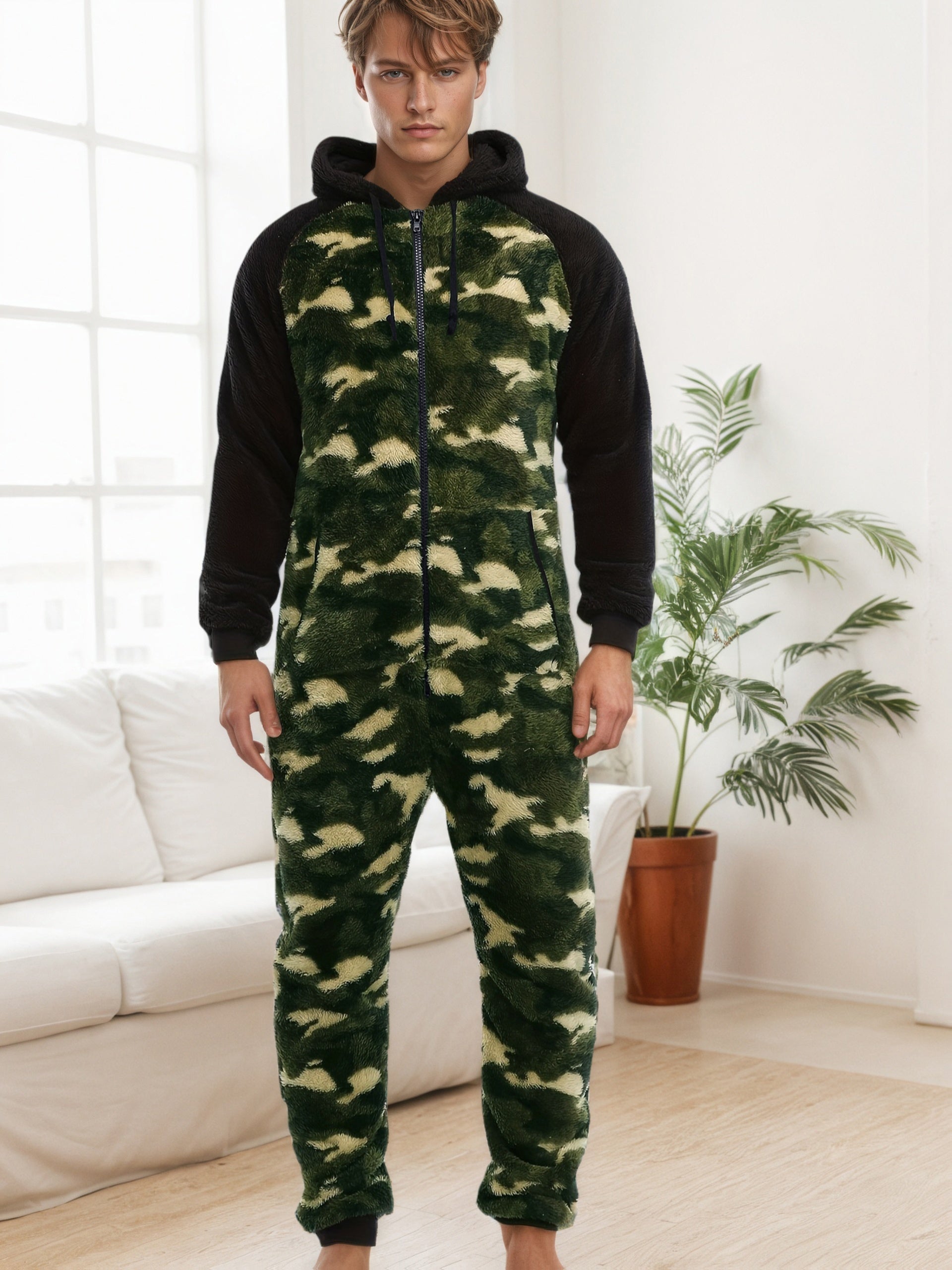 Men'S Heavy-Duty Full-Zip Hooded Onesie - Long Sleeve Winter Sleepwear with Drawstring Hood, Loose Fit Onesie for Cold Weather, Christmas Costume & Everyday Indoor/Outdoor Use - Easy Zipper Closure, Indoor Loungewear, Plush,