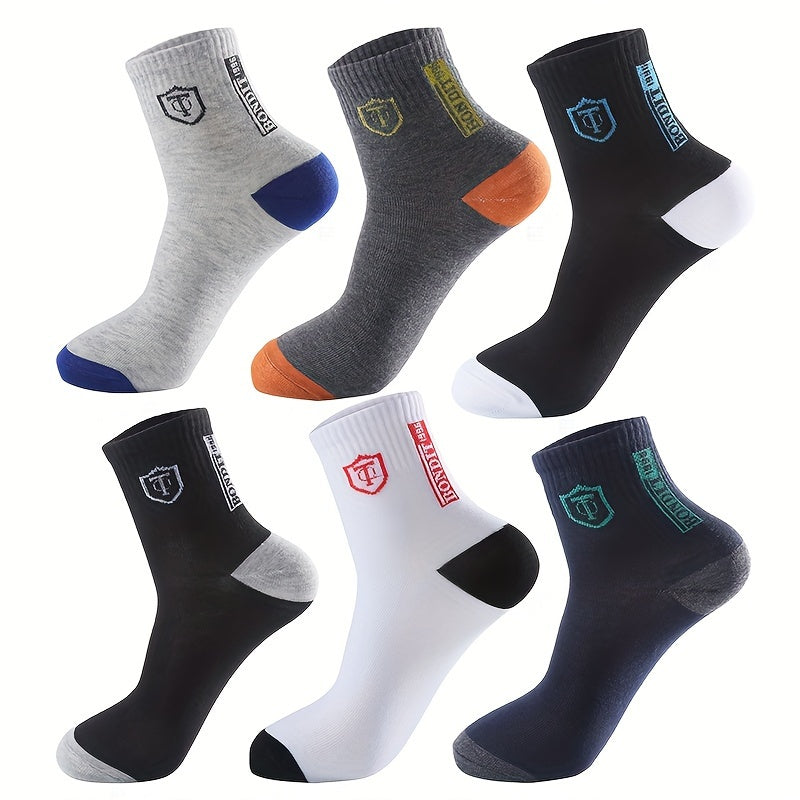 6-Pack Minimalist Casual Letter Mid-Calf Socks, Breathable Business Men's Socks