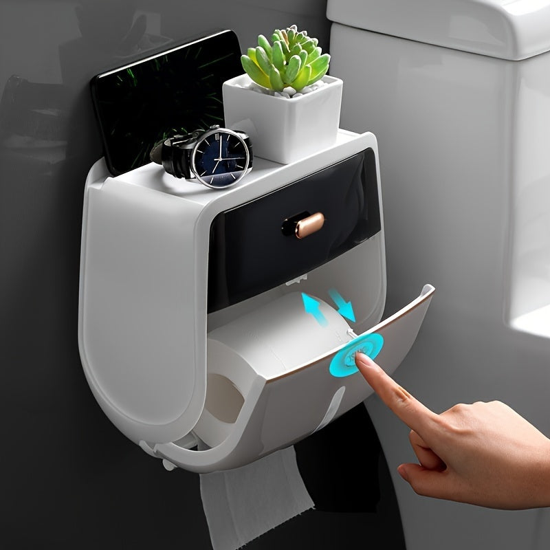 1pc Toilet Roll Paper Holder, Double Layer Large Capacity Tissue Storage Box, Wall Mounted Bathroom Tissue Dispenser, Waterproof Tissue Box, Hotel Bathroom Accessories