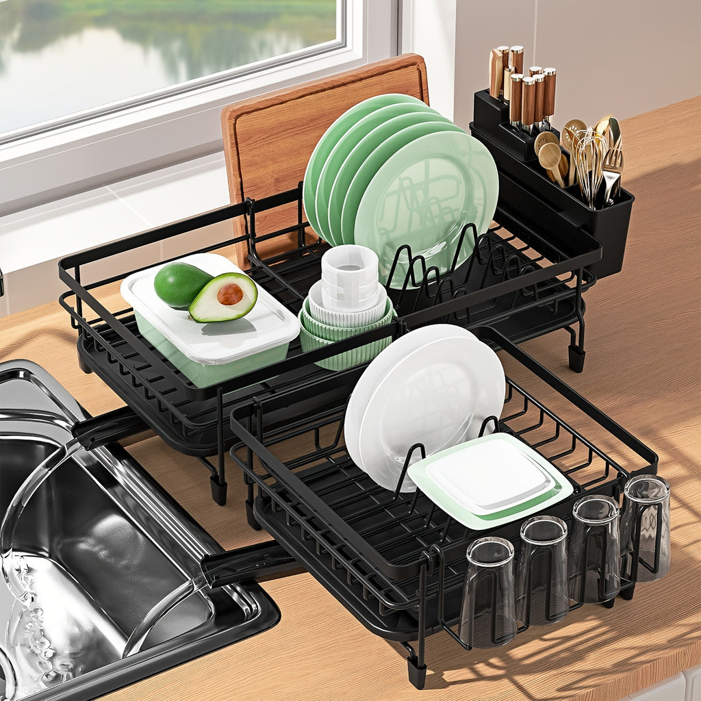 Spacious Dish Drying Rack, Expandable Dish Holder, Versatile Dish Rack for Kitchen Surface, Rust-Resistant Drying Rack with Utensil And Mug Holders